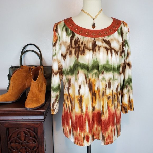 Alfred Dunner Fall Colors 3/4 Sleeve Pullover Watercolor Top With Studding, S - Picture 1 of 7